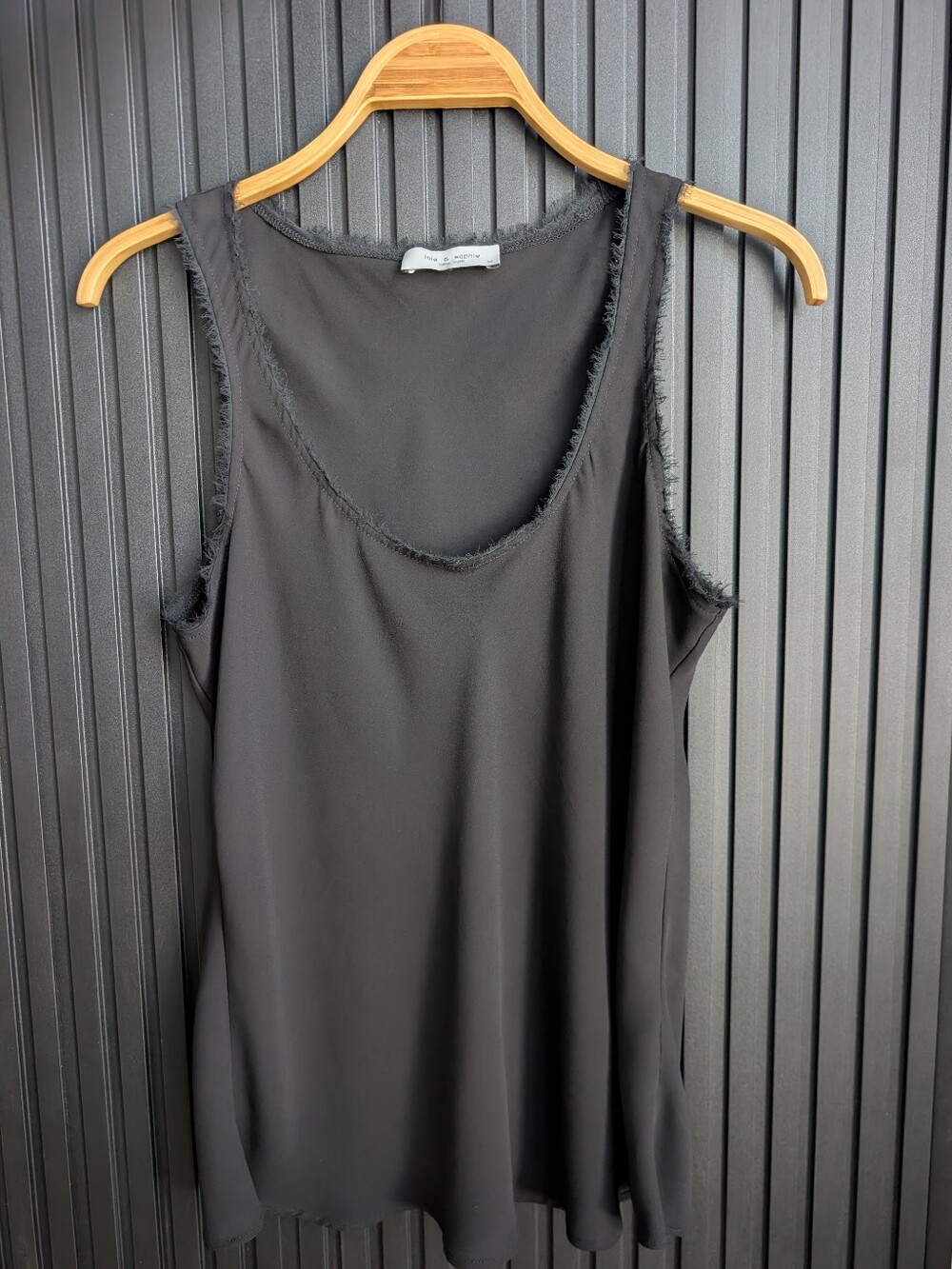 Lola & Sophie Black Frayed-Edge Sleeveless Sheer Blouse | Size M